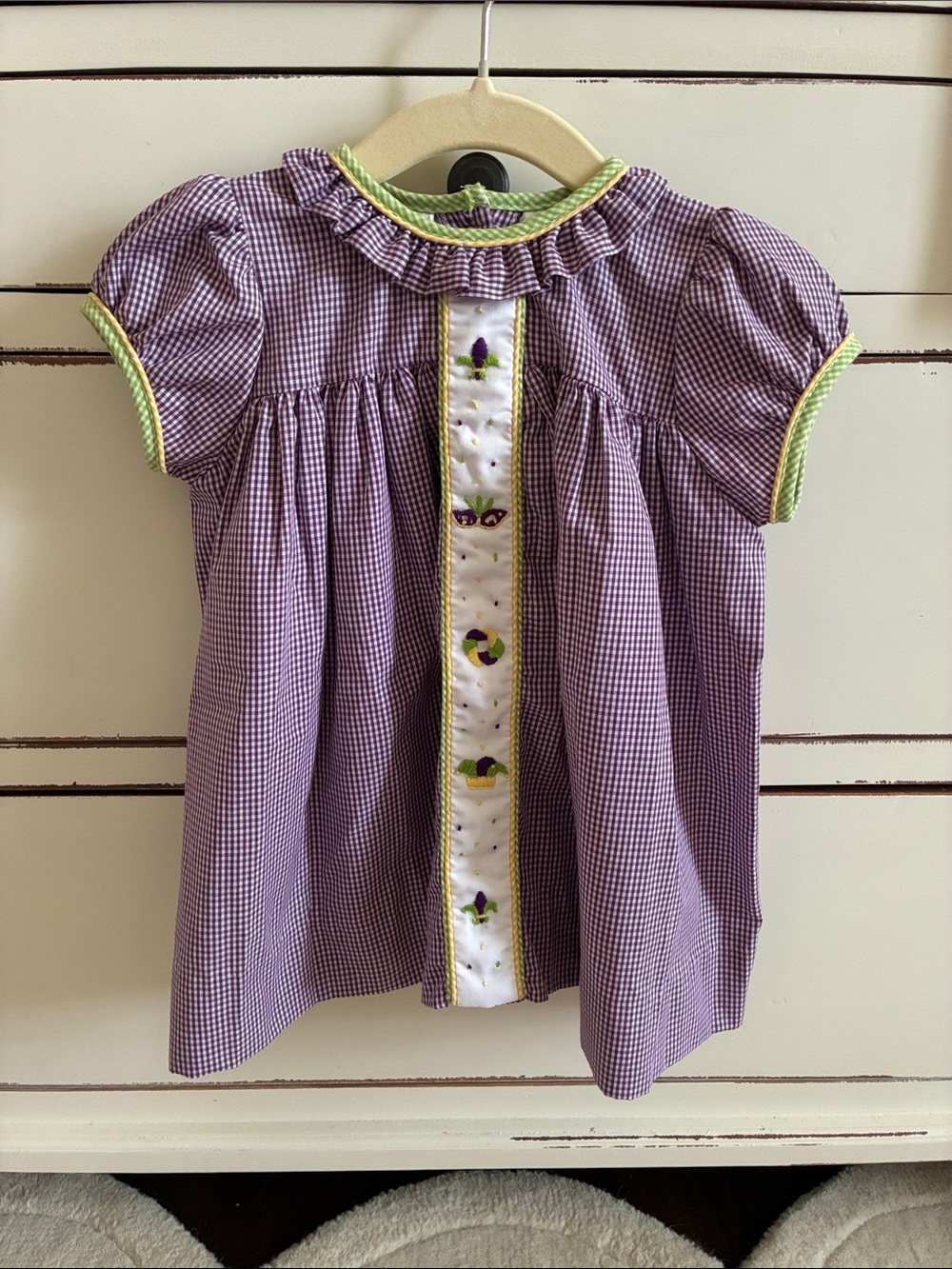Lulu Bebe Purple Gingham Embroidered Mardi Gras dress